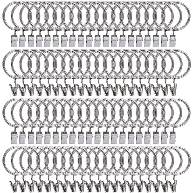 Lansian 100 Pack Curtain Rings with Clips Hooks 1.5 inch Rustproof Matte Metal Stainless Steel Drapery Rings for Tension Rod Bracket Eyelets Decorative Hangers, Silver (1.5" Interior Diameter) - Image 1